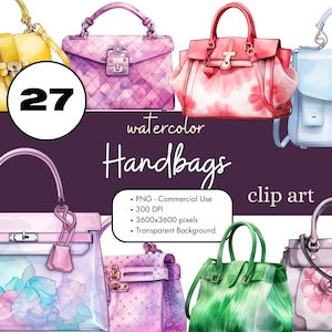 27 Sacs à main Sacs à main Aquarelle Clipart Sublimation Bundle PNG Utilisation commerciale Sacs graphiques Accessoires Créateur de mode Art numérique