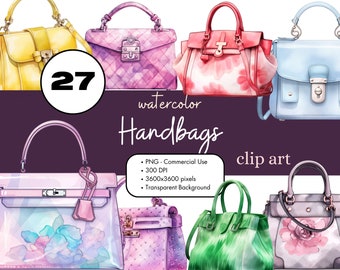 27 Purses Handbags Watercolor Clipart Sublimation Bundle PNG Commercial Use Graphics Bags Accessories Fashion Designer Digital Art