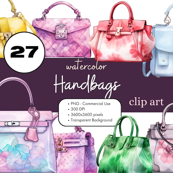 27 Purses Handbags Watercolor Clipart Sublimation Bundle PNG Commercial Use Graphics Bags Accessories Fashion Designer Digital Art