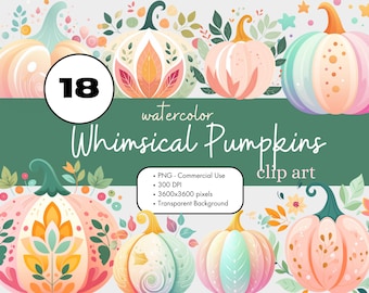 18 zucche stravaganti Halloween Acquerello Clipart PNG Sublimazione Bundle Uso commerciale Illustrazioni grafiche Autunno pastello Clip Art digitale