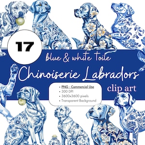 17 chinoiserie labrador retriever honden Labs bloemen blauw witte toile aquarel clipart sublimatie bundel PNG commerciële graphics illustraties