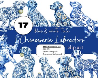 17 Chinoiserie Labrador Retriever Dogs Labs Floral Blue White Toile Watercolor Clipart Sublimation Bundle PNG Commercial Graphics Clip Art