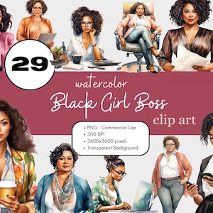 29 Black Girl Boss Clipart Bundle, African American Women PNG Sublimation Bundle Commercial Use Graphics Office Watercolor Digital Clip Art