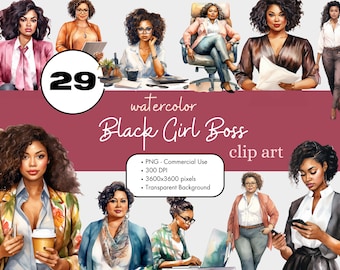 29 Black Girl Boss Clipart Bundle, African American Women PNG Sublimation Bundle Commercial Use Graphics Office Watercolor Digital Clip Art