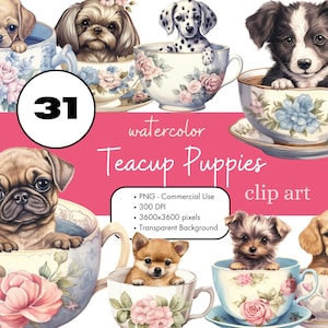 31 tazza da tè cuccioli cani acquerello Clipart PNG sublimazione bundle uso commerciale grafica animali domestici animale Vintage Digital Clip Art Scrapbooking