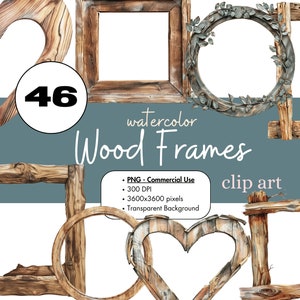 Könnte beinhalten: Aquarell-Holzrahmen in verschiedenen Formen, darunter Herz, Quadrat und Kreis, mit rustikaler, natürlicher Holzmaserung. Das Bild enthält den Text "46" und "watercolor Wood Frames clip art". Die Rahmen sind für den kommerziellen Gebrauch bestimmt.