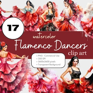 17 Flamenco Dancers Spanish Clipart Bundle, Watercolor PNG Sublimation Bundle Commercial Use Graphics Women Dancing POD Digital Clip Art