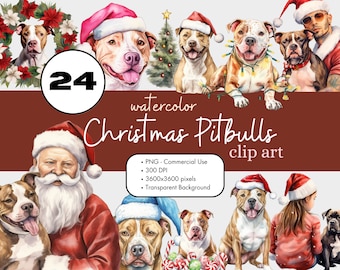 24 Pitbulls Christmas Dogs Watercolor Clipart PNG Sublimation Bundle Commercial Use Graphics Pitties Pitbull Holiday Animal Digital Clip Art