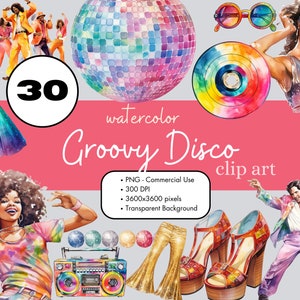 30 Disco Groovy aquarel clipart sublimatie bundel PNG commercieel gebruik grafische clip art dansmuziek vintage retro jaren 1970 digitale illustraties