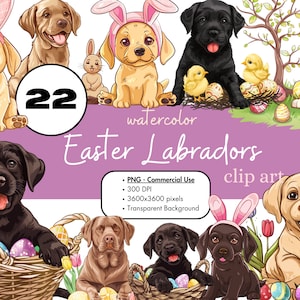 May include: 22 watercolour illustrations of Labrador Retriever puppies dressed in Easter bunny costumes. The puppies are in various poses and are surrounded by Easter eggs, flowers, and other Easter decorations. The illustrations are perfect for use in digital scrapbooking, card making, and other craft projects.