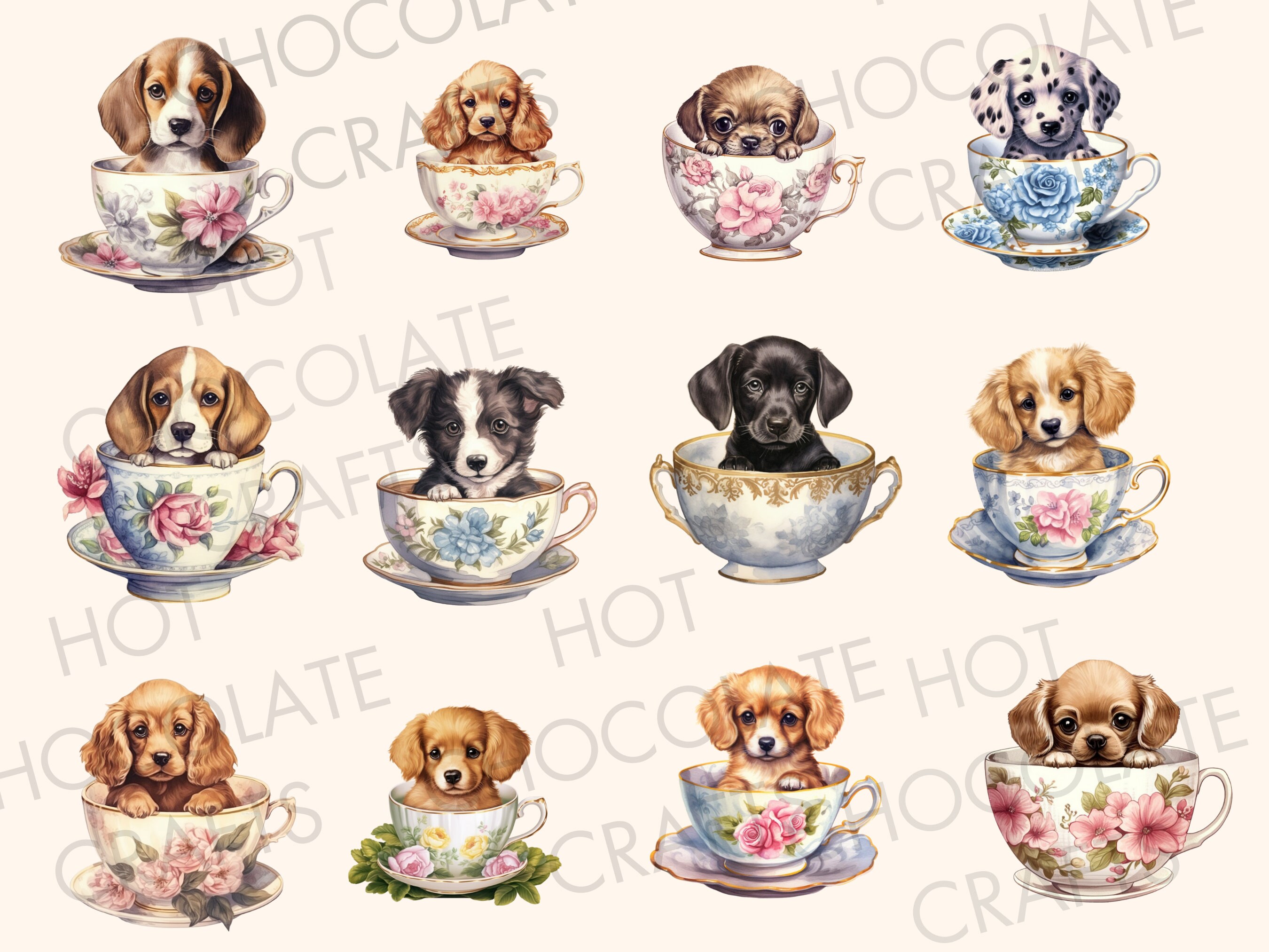 31 Teacup Puppies Dogs Watercolor Clipart PNG Sublimation Bundle ...