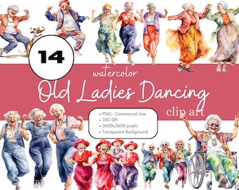 15 Dancing Old Ladies Funny Watercolor Clipart PNG Sublimation Bundle Commercial Use Graphics Senior Citizens Women Elderly Digital Clip Art