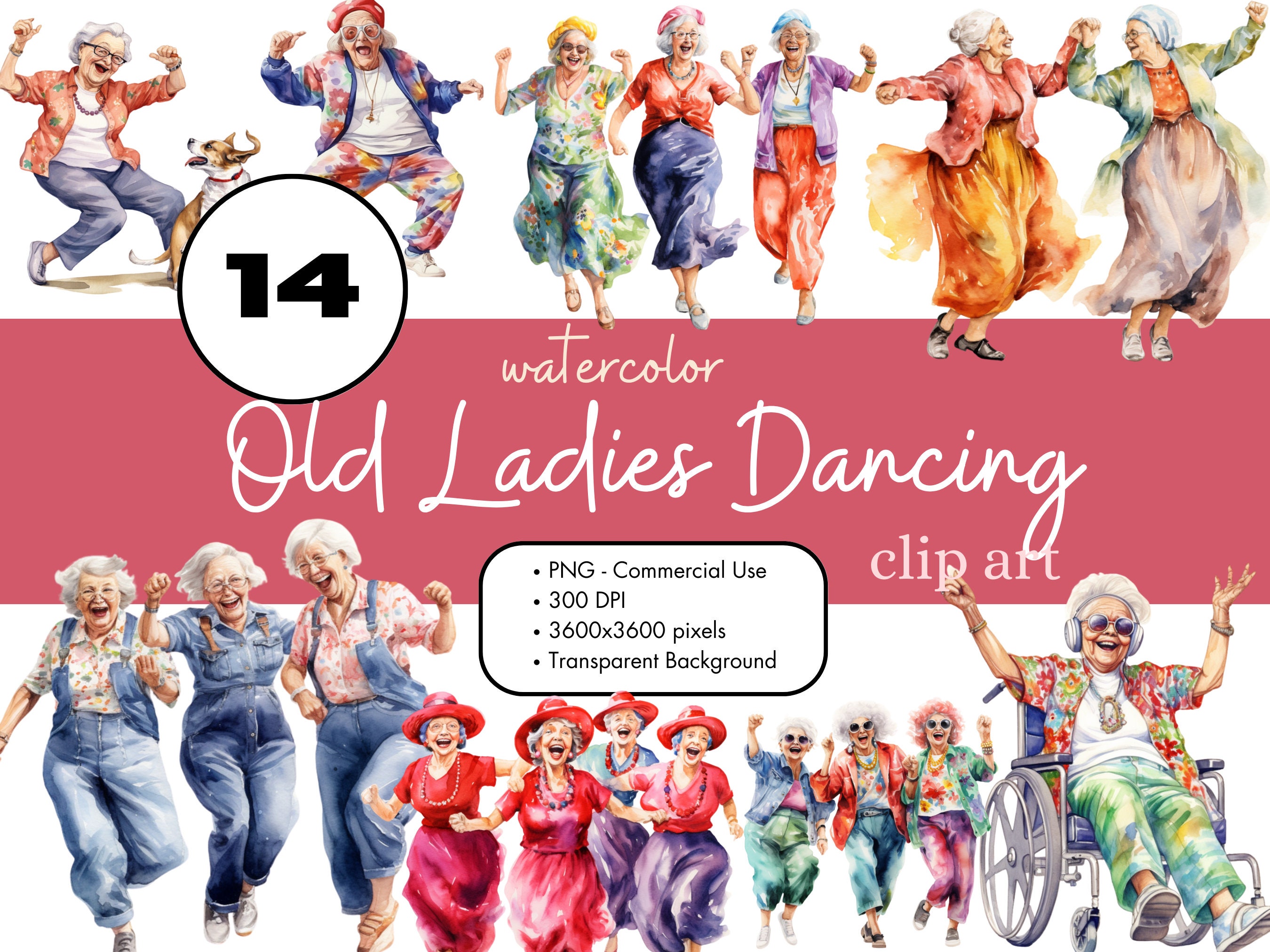 15 Dancing Old Ladies Funny Watercolor Clipart PNG Sublimation Bundle ...
