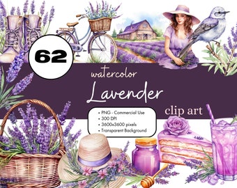 62 Lavender Watercolor Clipart PNG Sublimation Bundle Commercial Use Graphics Illustrations Journal Purple Flowers Garden Digital Clip Art