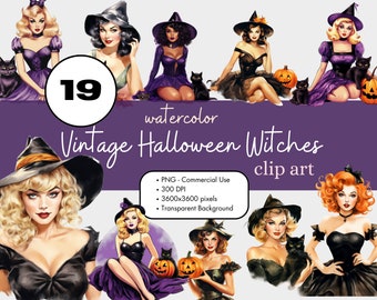19 Retro Vintage Pin-Up Halloween Witches Clipart Watercolor PNG Sublimation Bundle Commercial Use Graphics Fall Girl Invitations Digital
