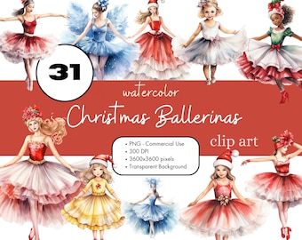 31 Christmas Ballerinas Watercolor Clipart Sublimation Bundle PNG Commercial Use Graphics Elegant Dance Ballet Nutcracker Digital Clip Art
