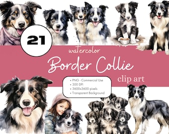 21 Border Collie Dogs Watercolor Clipart PNG Sublimation Bundle Commercial Use Graphics Pets Animal Cute Puppy Digital Scrapbooking Clip Art