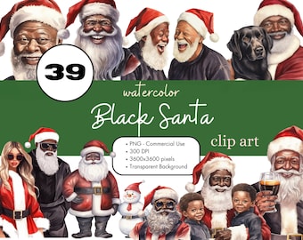 39 Black Santa Claus Watercolor Clipart Sublimation Bundle PNG Commercial Use African American Printable Holiday Funny Christmas Clip Art