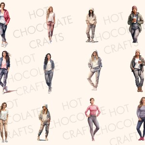 May include: A collage of ten illustrations of women wearing casual clothing, including hoodies, jackets, and sweatpants. The women are standing in various poses, and some are holding coffee cups.