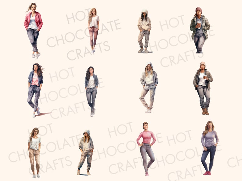May include: A collage of ten illustrations of women wearing casual clothing, including hoodies, jackets, and sweatpants. The women are standing in various poses, and some are holding coffee cups.