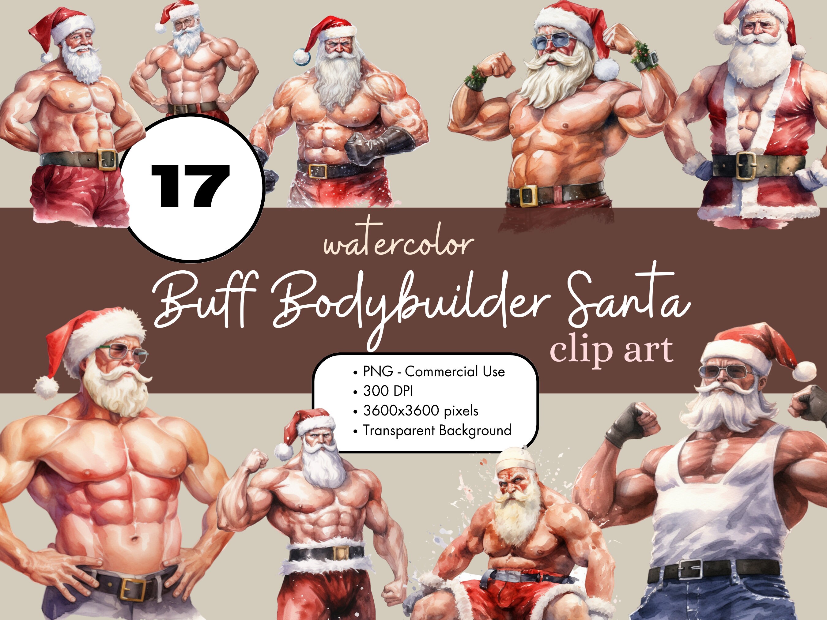 17 Bodybuilder Buff Santa Claus Watercolor Clipart Sublimation Bundle PNG Commercial Shirtless Printable Fitness Funny Christmas Wrestler