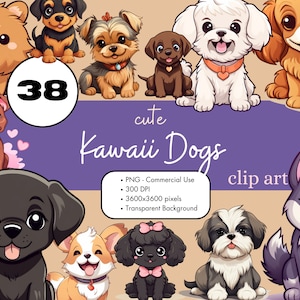 38 Kawaii Hunde PNG Niedlich Clipart Haustiere Sublimation Bundle Kommerzielle Nutzung Grafiken Rassen Welpe Welpen Illustrationen Digital Clip Art