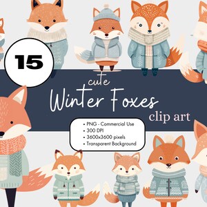 15 renard d'hiver en vêtements aquarelle Clipart sublimation Bundle PNG usage commercial graphiques Noël scandinave animaux mignons numérique