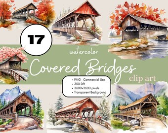 17 Covered Bridges Fall Winter Spring Seasons Watercolor Clipart Sublimation Bundle PNG Commercial Use Graphics Clip Art