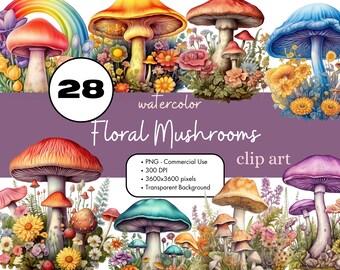 28 Floral Mushrooms Watercolor Clipart Sublimation Bundle PNG Commercial Use Graphics Clip Art Digital Fantasy Woodland Forest Transparent