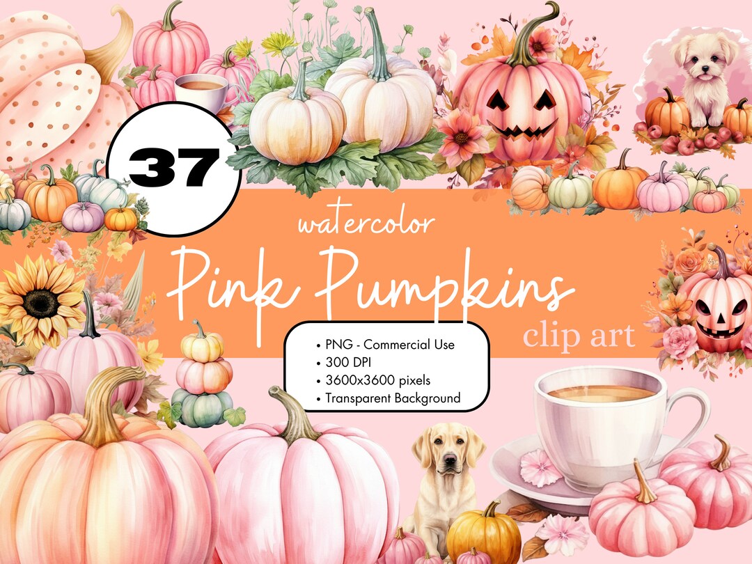 37 Pink Pastel Halloween Pumpkins Watercolor Clipart Sublimation Bundle ...