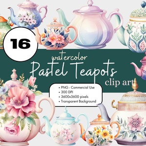 16 teiere pastello acquerello Clipart sublimazione Bundle PNG uso commerciale grafica Clip Art Vintage Tea Scrapbooking Clip Art digitale