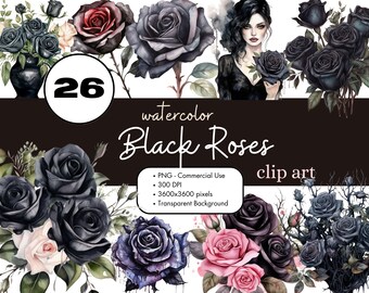 26 Black Roses Watercolor Clipart Sublimation Bundle PNG Commercial Use Graphics Elegant Flower Goth Gothic Floral Dark Clip Art