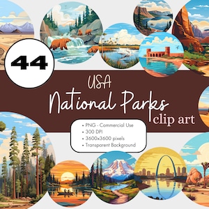 44 US National Parks Clipart Sublimation Bundle PNG Commercial Use Graphics Clip Art Badge Cartoon  Digital Travel Landmarks Hiking