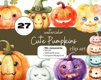 27 Kawaii Pastel Halloween Pumpkin PNG Clipart Cute Sublimation Bundle Commercial Use Graphics Spooky Watercolor Jack O Lantern Clip Art