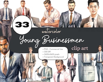 33 Young Businessmen Watercolor Clipart Bundle, People Man PNG Sublimation Bundle Commercial Use Graphics Office Corporate Men Digital