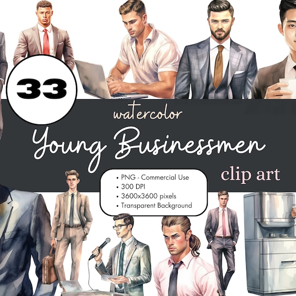 33 Young Businessmen Watercolor Clipart Bundle, People Man PNG Sublimation Bundle Commercial Use Graphics Office Corporate Men Digital
