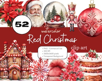 52 Red Christmas Watercolor Clipart Sublimation Bundle PNG Commercial Use Graphics Elegant Holiday Winter Santa Pastel Digital Clip Art