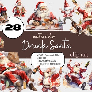 28 Bêbado Papai Noel Aquarela Clipart Pacote de sublimação PNG Uso comercial Festa Barra de álcool para impressão Feriado Engraçado Clip Art de Natal