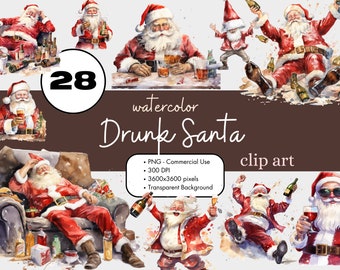 28 Drunk Santa Claus Watercolor Clipart Sublimation Bundle PNG Commercial Use Party Alcohol Bar Printable Holiday Funny Christmas Clip Art