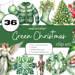 36 Green Christmas Watercolor Clipart Sublimation Bundle PNG Commercial Use Graphics Elegant Holiday Winter Santa Pastel Clip Art