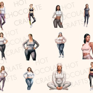 May include: A digital illustration of ten women wearing different athletic outfits. The women are all in various poses, some are standing, some are sitting, and some are holding their hands on their hips. The women are all wearing different colors of athletic wear, including black, gray, white, pink, and blue.
