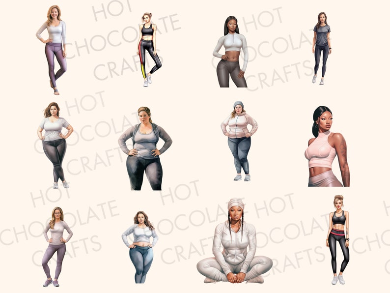 May include: A digital illustration of ten women wearing different athletic outfits. The women are all in various poses, some are standing, some are sitting, and some are holding their hands on their hips. The women are all wearing different colors of athletic wear, including black, gray, white, pink, and blue.