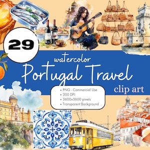 29 Portugal Travel Watercolor Clipart Sublimation Bundle PNG Commercial Use Lisbon Algarve Porto Europe Scrapbooking Digital Clip Art