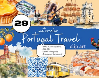 29 Portugal Travel Watercolor Clipart Sublimation Bundle PNG Commercial Use Lisbon Algarve Porto Europe Scrapbooking Digital Clip Art