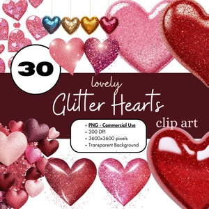 30 Glitzer Herzen Valentinstag Clipart PNG Sublimationspaket Kommerzielle Nutzung Grafiken Romantisch Rot Pailletten Rosa Liebe Digital Journaling