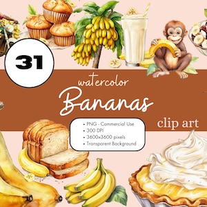 31 Bananen Aquarell Clipart PNG Sublimation Bundle Kommerzielle Nutzung Grafiken Obst Dessert Lebensmittel Illustrationen Scrapbooking Digital Clip Art