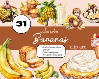 31 Bananas Watercolor Clipart PNG Sublimation Bundle Commercial Use Graphics Fruit Dessert Food Illustrations Scrapbooking Digital Clip Art