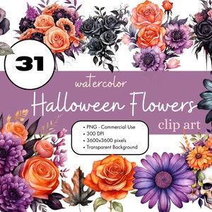 31 Halloween Flowers Watercolor Clipart Sublimation Bundle PNG Commercial Use Graphics Elegant Floral Goth Gothic Autumn Purple Clip Art