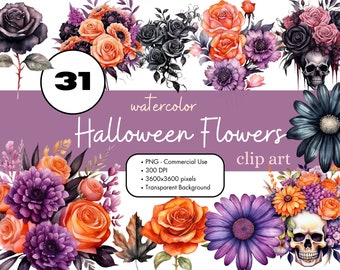 31 Halloween Flowers Watercolor Clipart Sublimation Bundle PNG Commercial Use Graphics Elegant Floral Goth Gothic Autumn Purple Clip Art