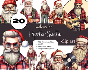 20 Hipster Santa Claus Watercolor Clipart Sublimation Bundle PNG Commercial Shirtless Printable Boho Trendy Funny Christmas Holiday